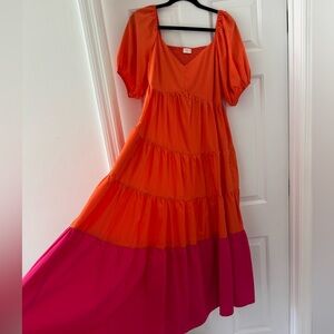 Hailey & Co Orange and Pink Puff Sleeve Maxi Sundress